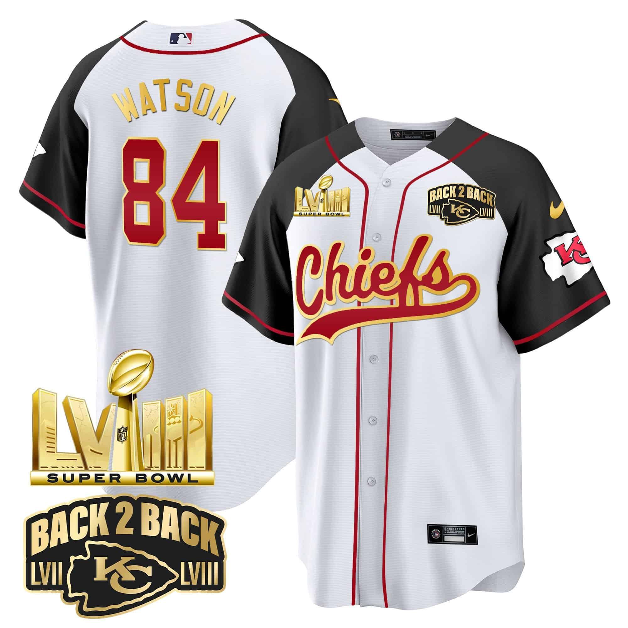 Men Kansas City Chiefs 84 Watson White 2024 Nike Super Bowl LVIII Back 2 Back Gold Patch Baseball NFL Jersey style 1
